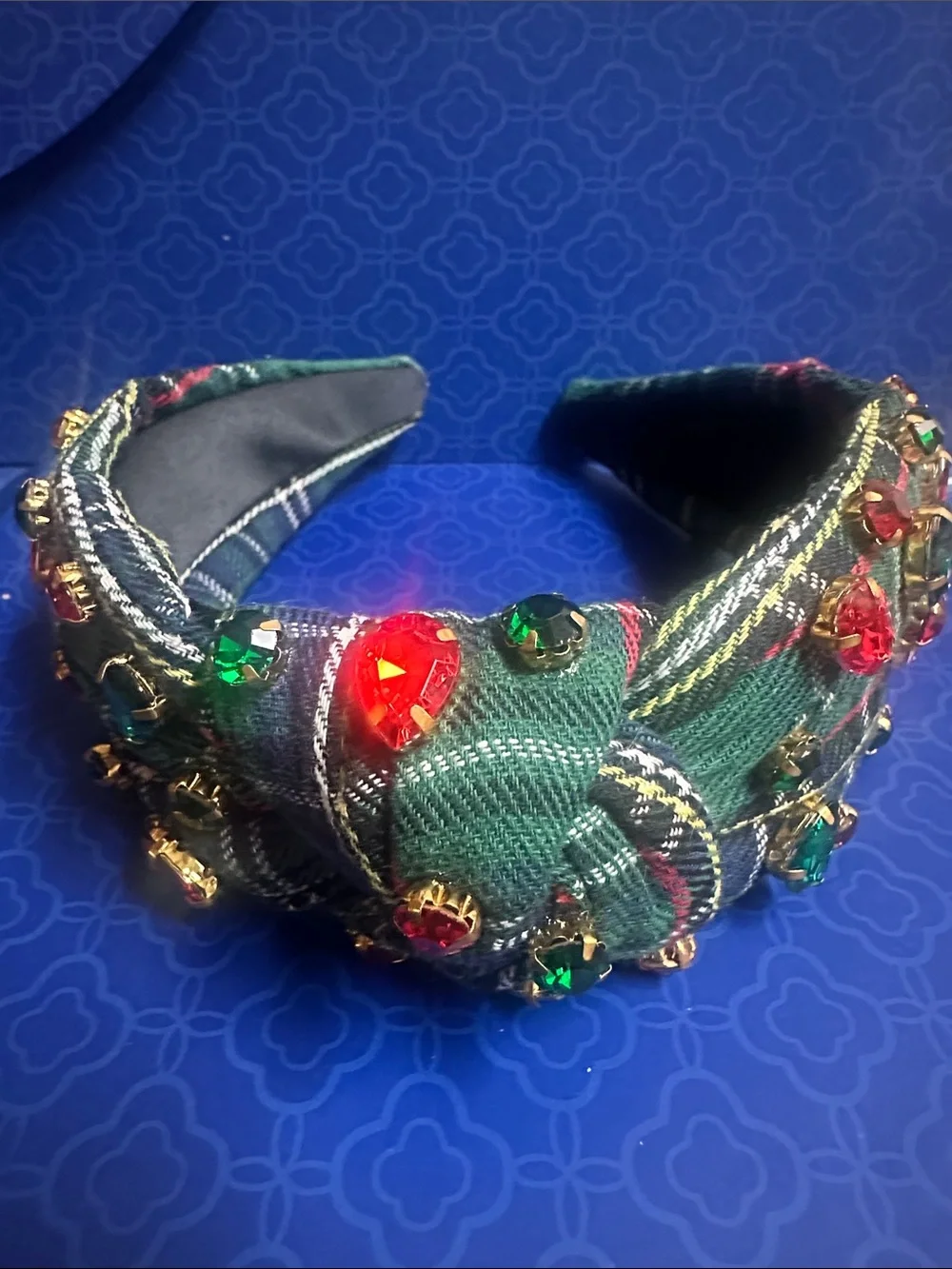 Tartan Jewel Embellished Headband - Green Plaid